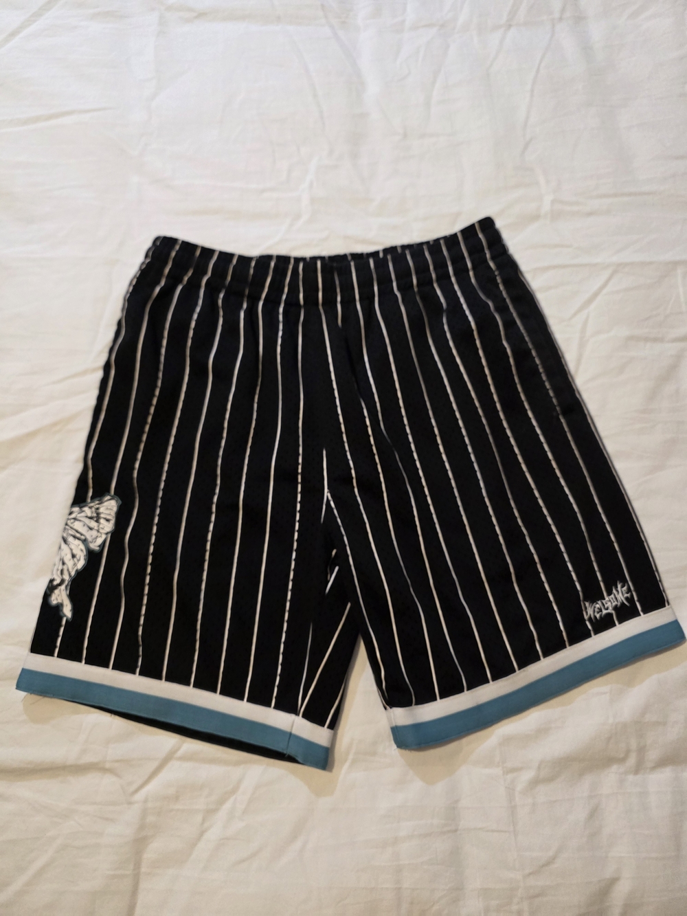 Welcome Black Pinstripe Men’s Athletic Shorts with Teal Trim Size Medium